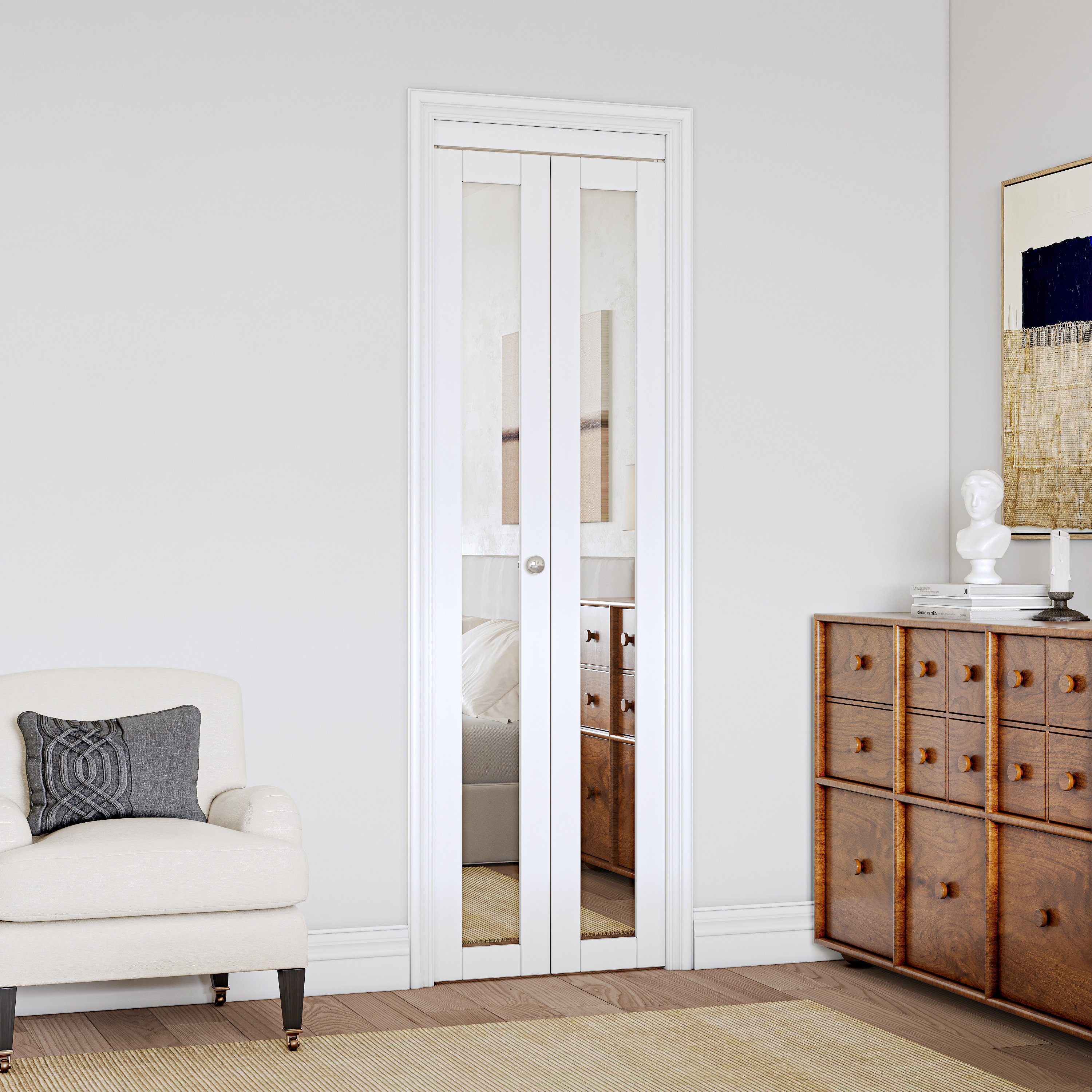 HOZONE Mirrored Door Solid Manufactured Wood Bi-Fold Door